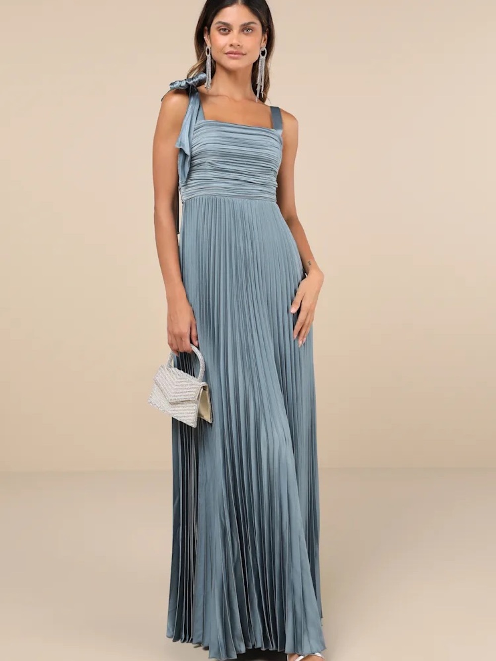 Lulu's Dusty Blue Pleated Maxi Dress with Shoulder Tie
